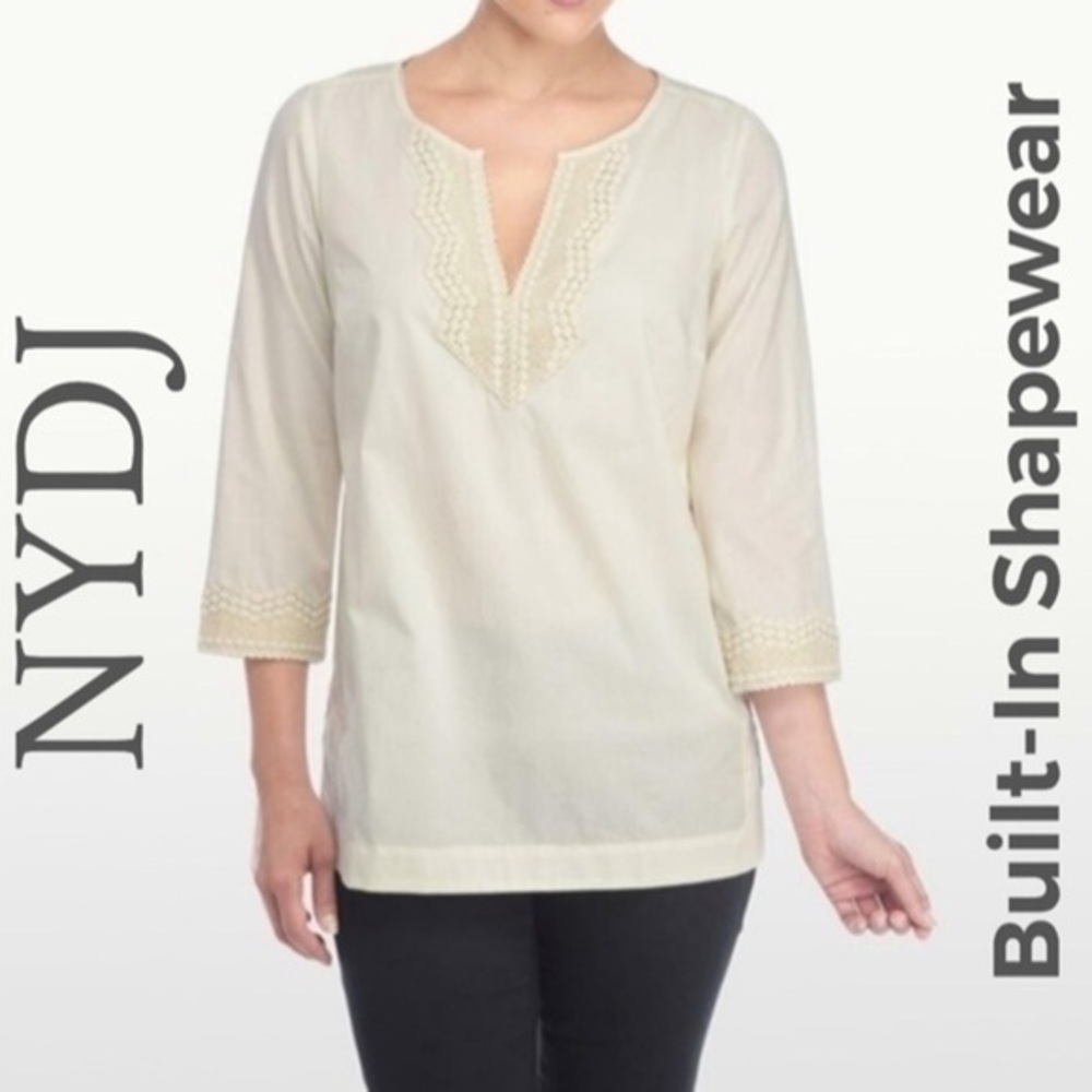 NEW NYDJ Cream Fit Solutuon Embroidered Tunic Top Blouse